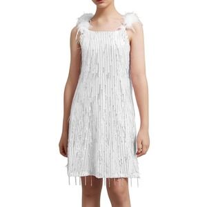 EXARUS Girls White Silver Sequin‎ Fringe Dress Feather Straps Size 14Y Hair Bow